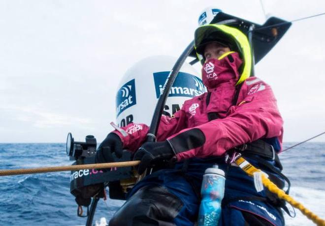 Onboard Team SCA - Day Elodie Mettraux trimming the main sail - Leg five to Itajai -  Volvo Ocean Race 2015 © Anna-Lena Elled/Team SCA